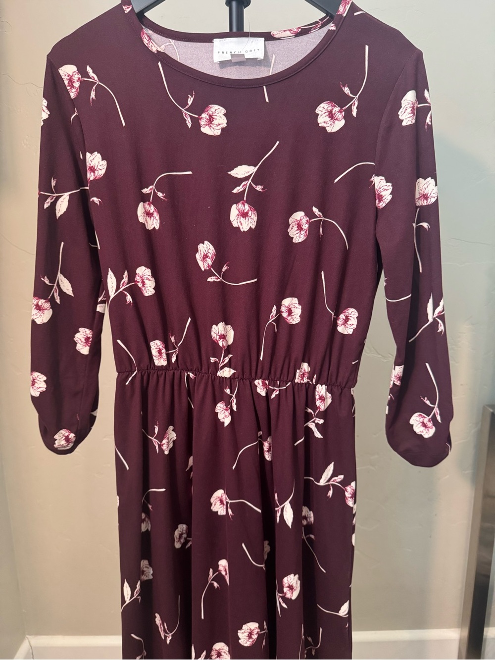 French Grey Burgundy Floral Long Sleeve Fit & Flare Midi Dress Medium